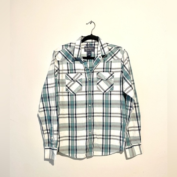 American Rag Mens Western Yoke Cowboy Plaid Shirt Size Small Green White Barn - Picture 1 of 8
